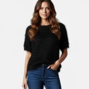 Mark Anthony Hankins Black Fuzzy Blouse W/ Metallic Threads